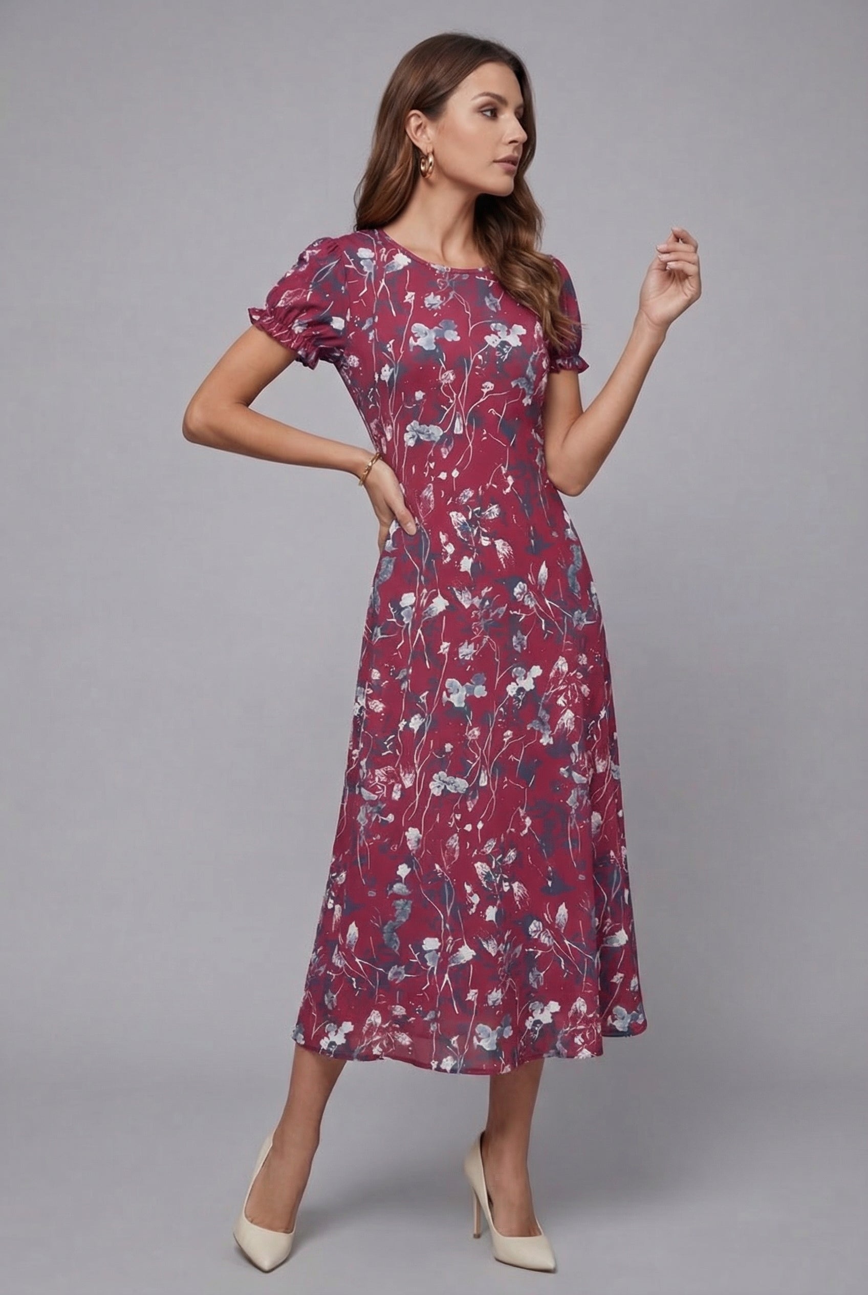 Floral Print Crew Neck Short Sleeve Chiffon Midi Dress for Women — model wearing