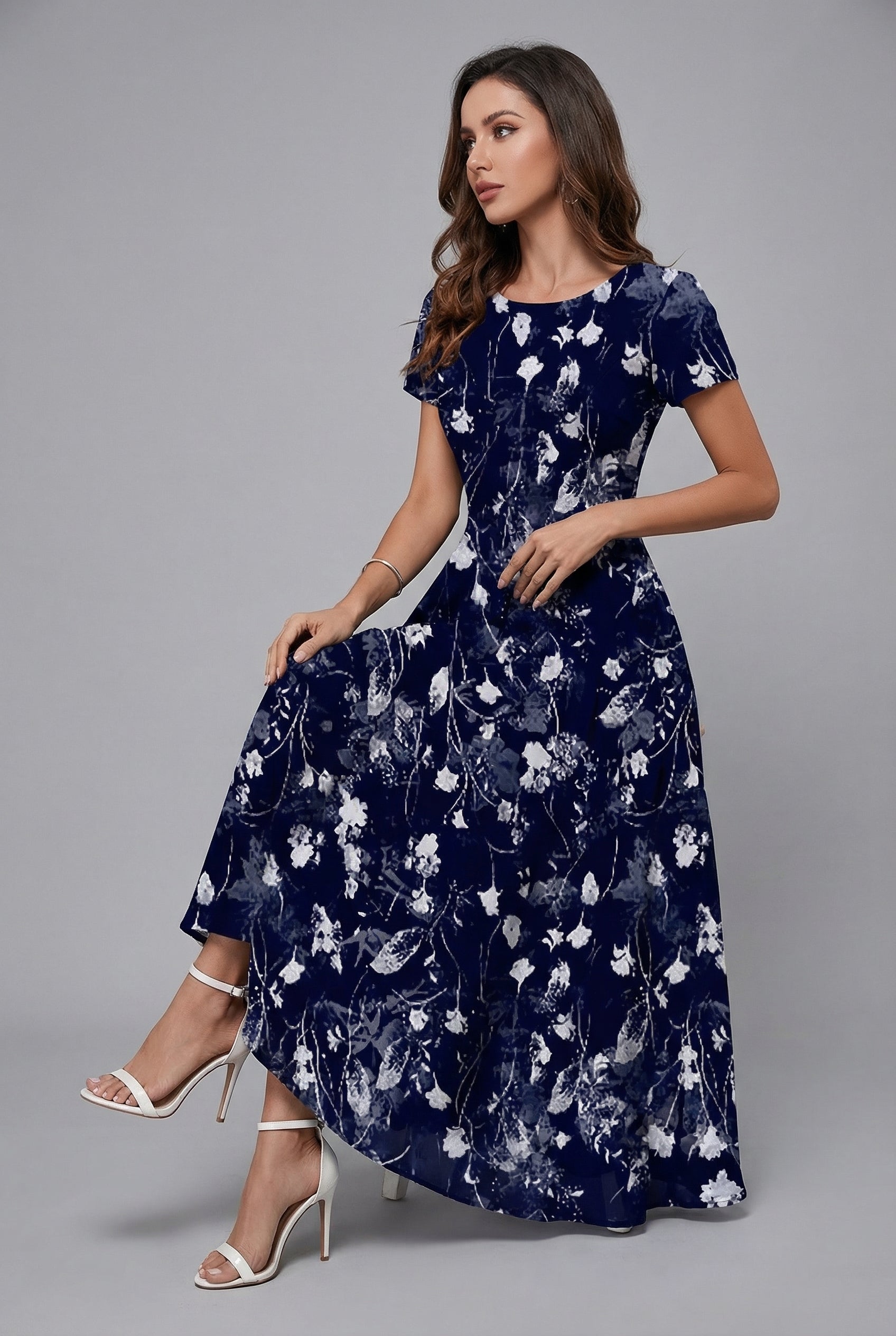 Floral Print Crew Neck Short Sleeve Chiffon Midi Dress for Women — side view