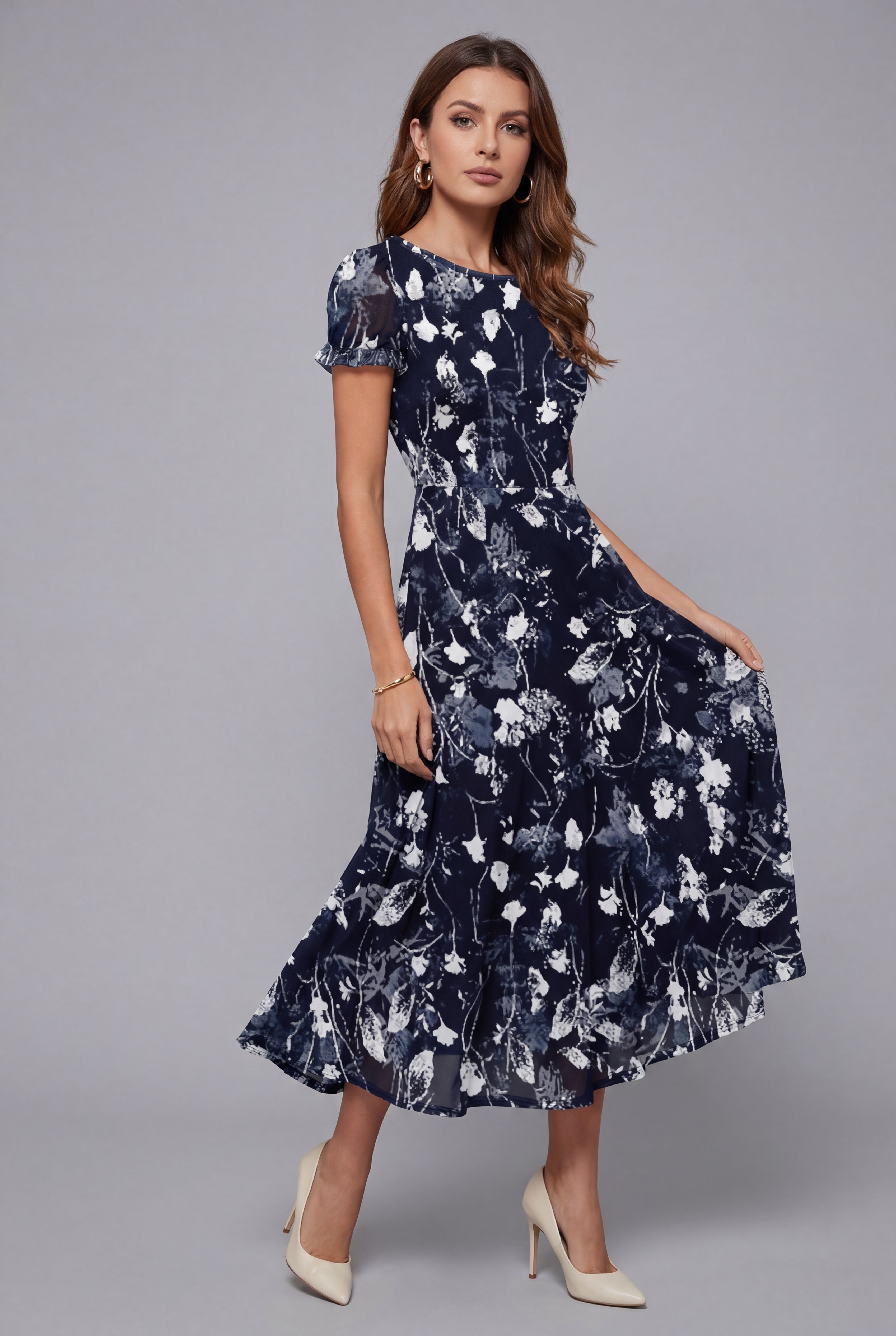 Floral Print Crew Neck Short Sleeve Chiffon Midi Dress for Women