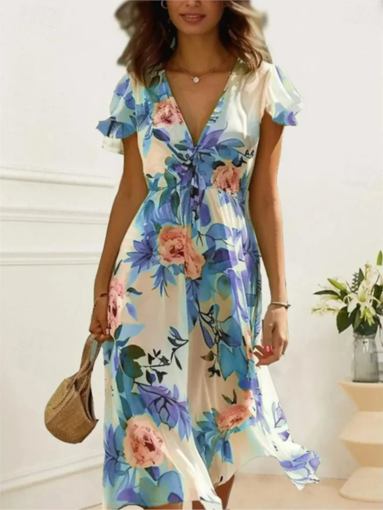 Floral Print Midi Dress – Chic Lace-Up Deep V Neck Summer Style — back view