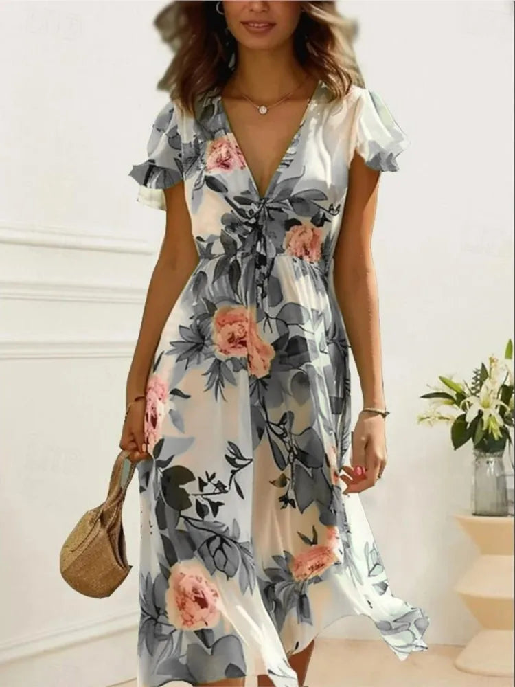 Floral Print Midi Dress – Chic Lace-Up Deep V Neck Summer Style — detail view