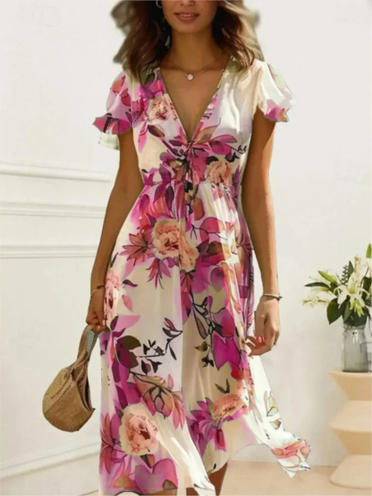 Floral Print Midi Dress – Chic Lace-Up Deep V Neck Summer Style — model wearing