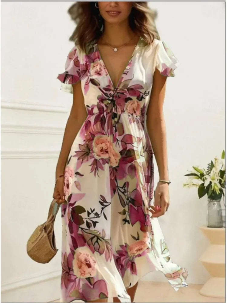 Floral Print Midi Dress – Chic Lace-Up Deep V Neck Summer Style — side view