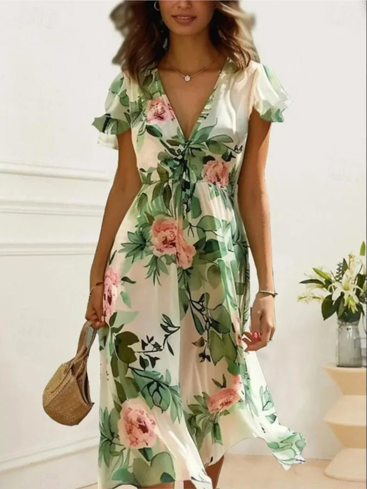 Floral Print Midi Dress – Chic Lace-Up Deep V Neck Summer Style