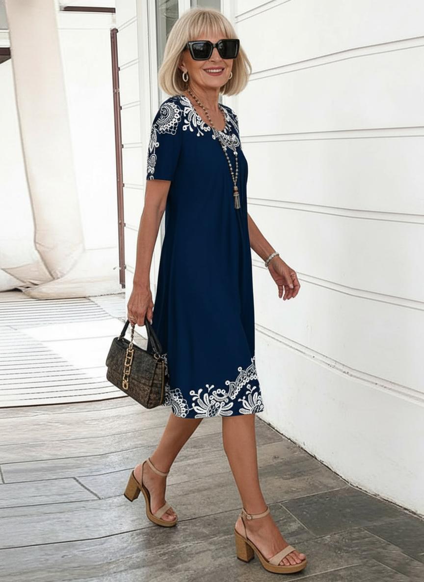 Floral Print Short Sleeve A-Line Dress for Women — back view