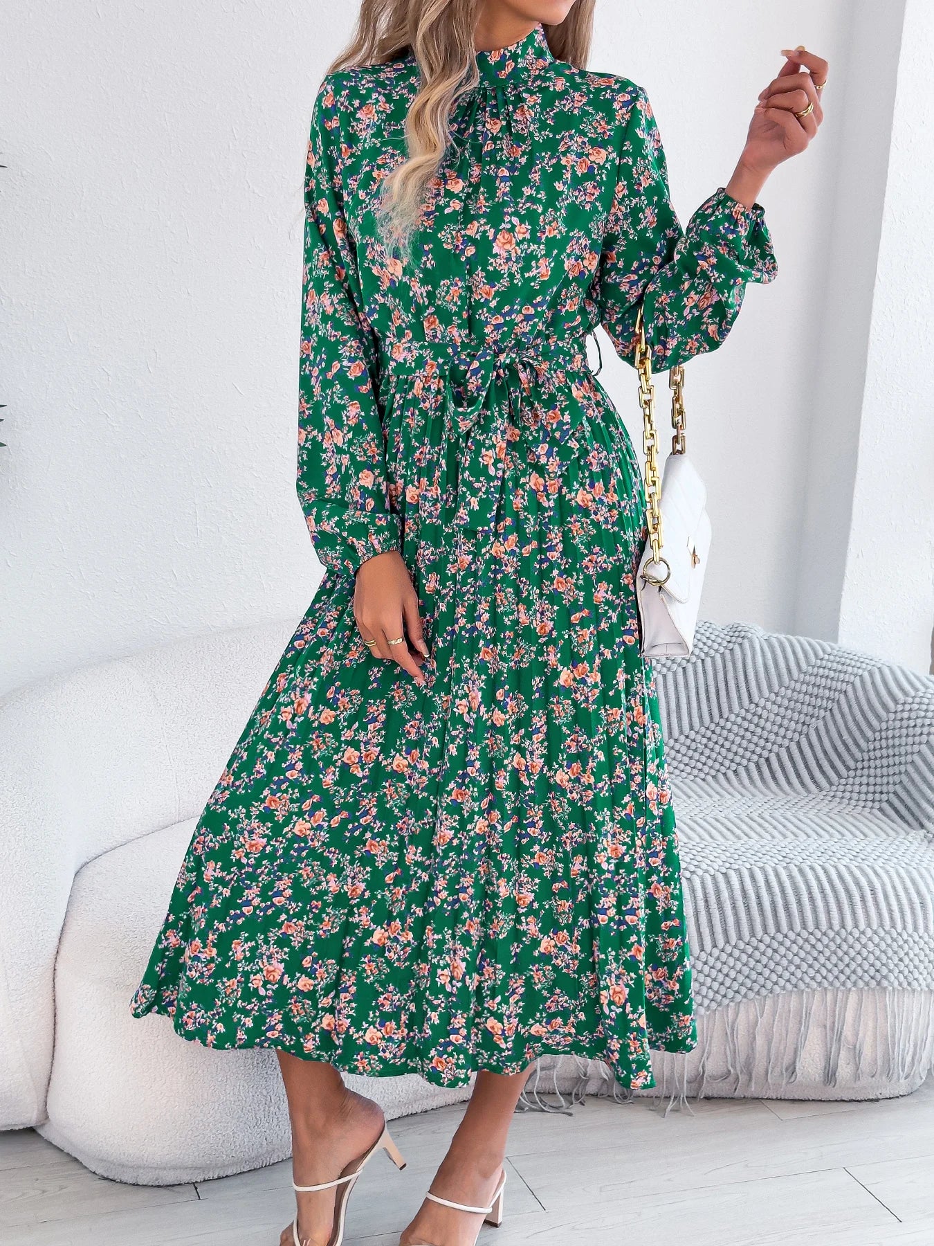 Floral Stand-Up Collar Bridesmaid Dress – Elegant Long Sleeve Design for Spring and Summer Events — model wearing