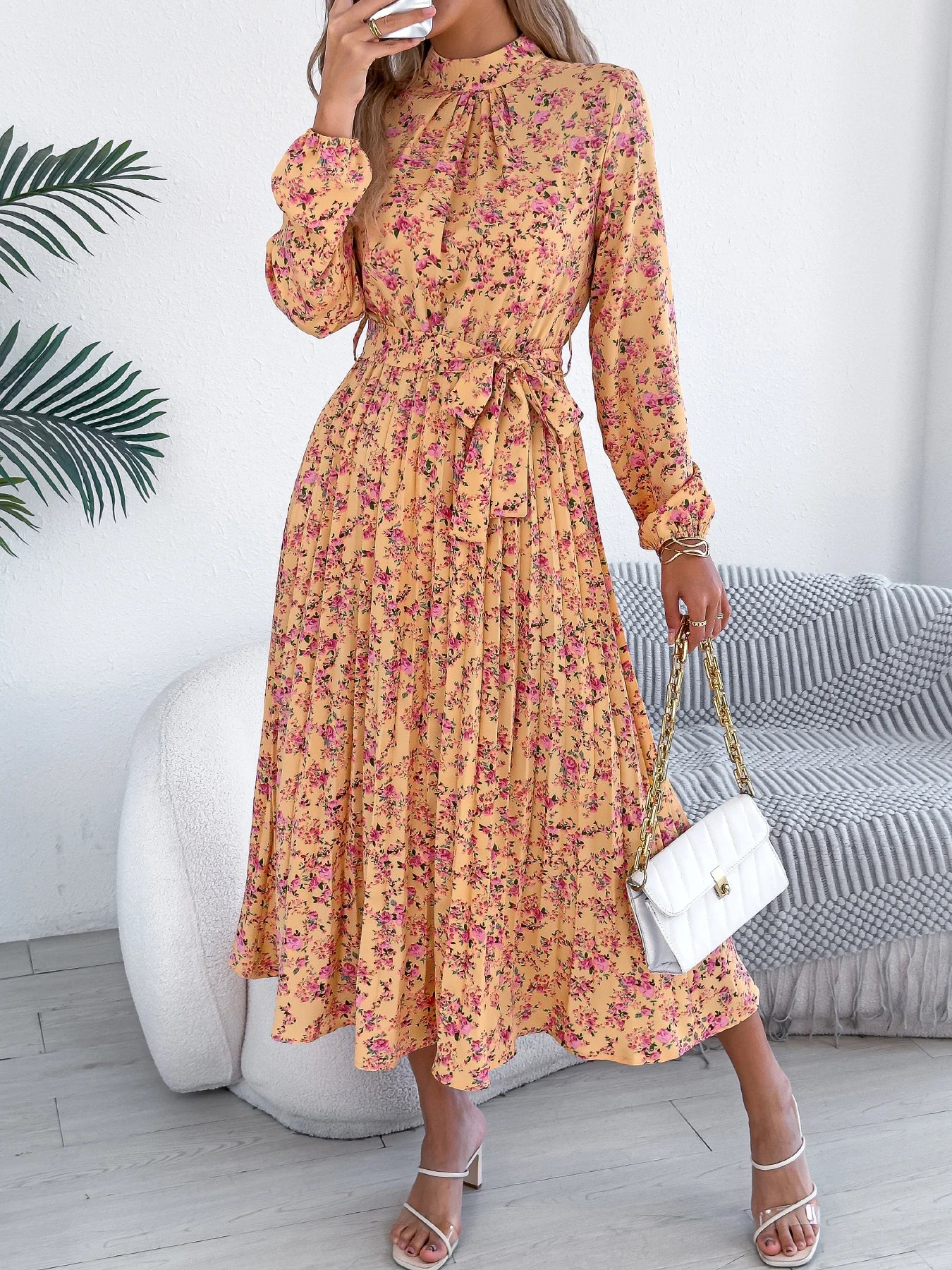 Floral Stand-Up Collar Bridesmaid Dress – Elegant Long Sleeve Design for Spring and Summer Events — styling detail