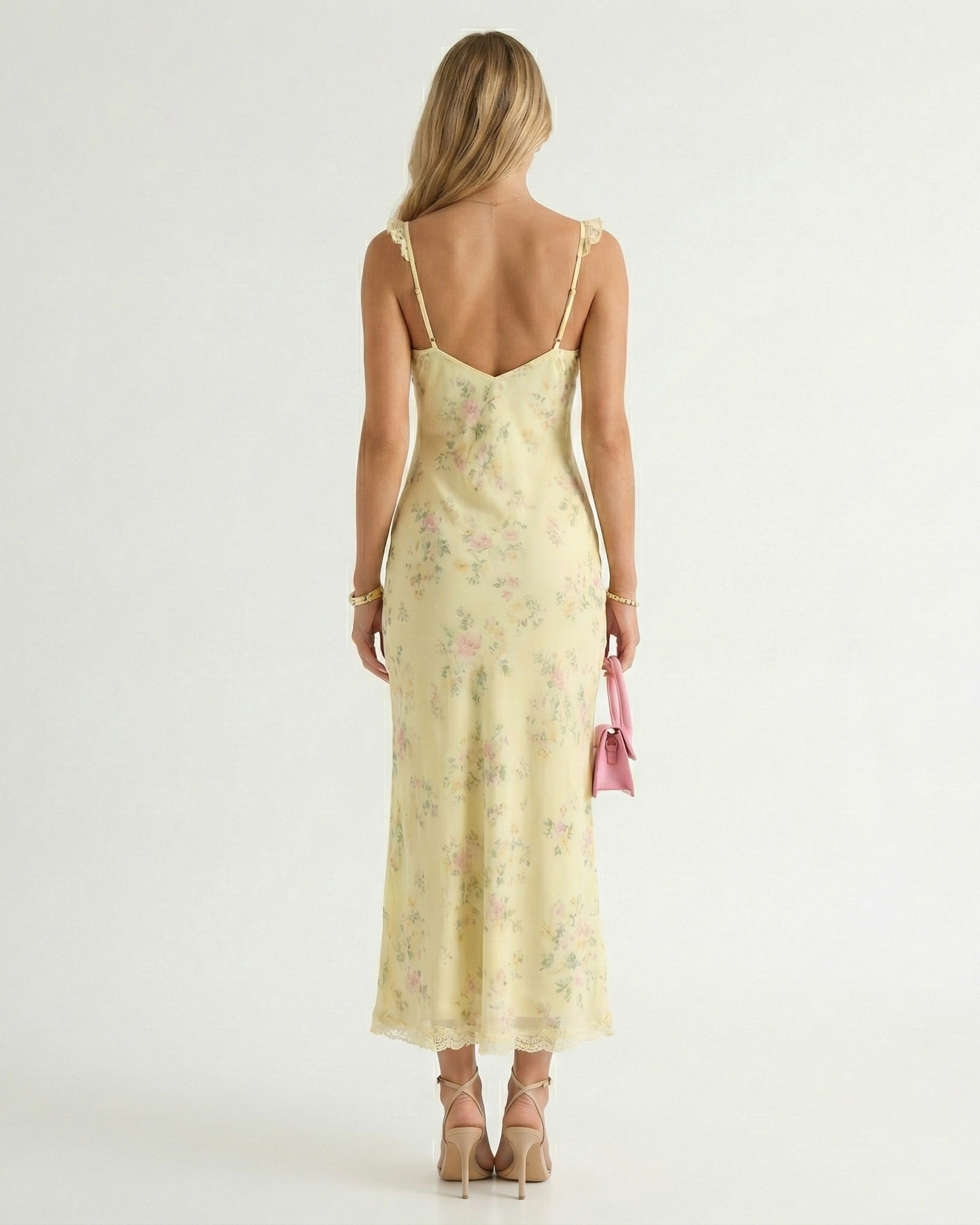 Floral V-Neck Backless Spaghetti Strap Midi Sundress for Women — back view