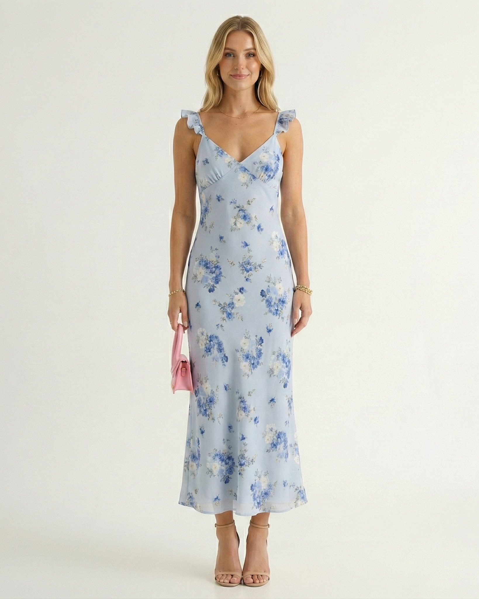 Floral V-Neck Backless Spaghetti Strap Midi Sundress for Women — side view