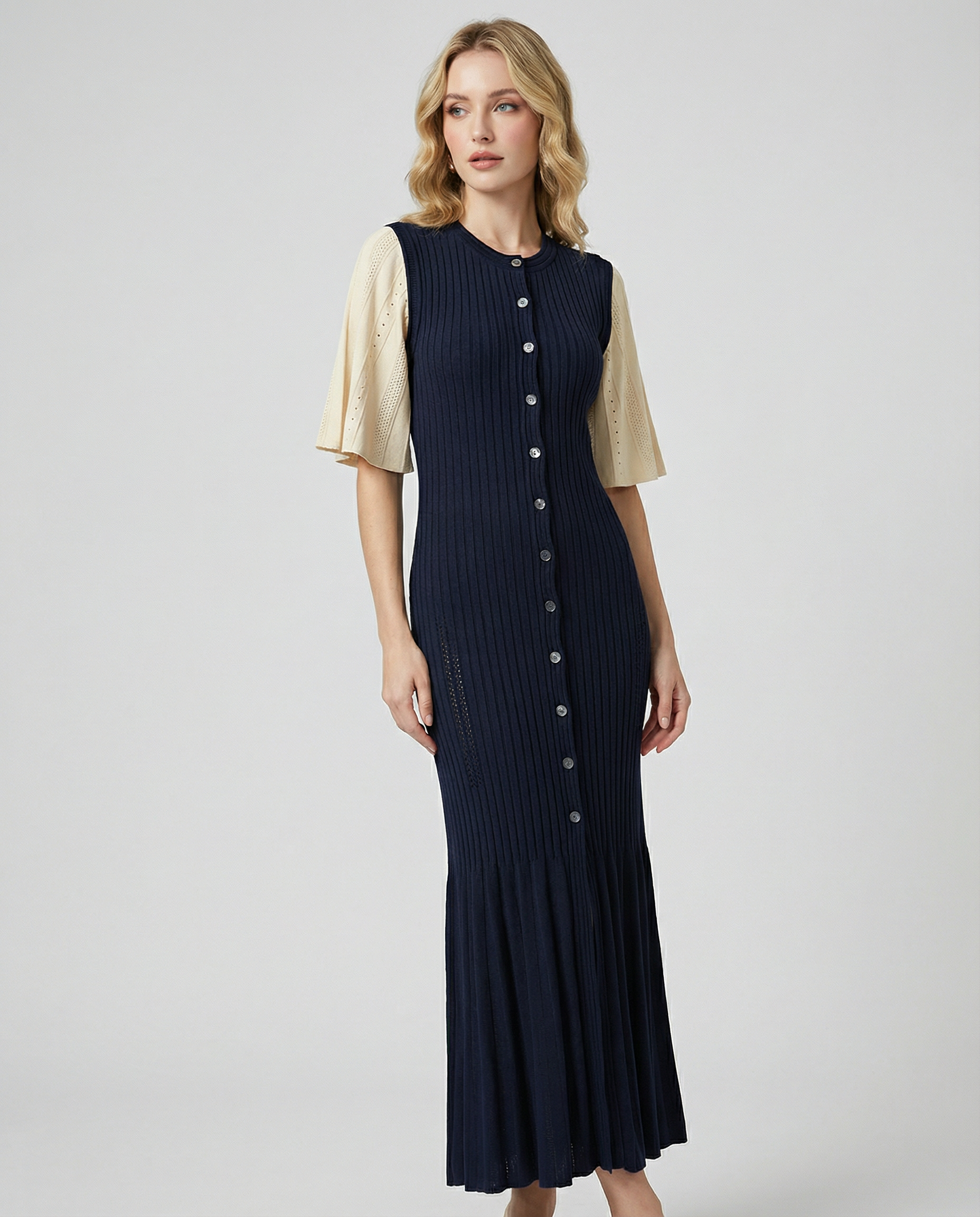 French A-Line Knitted Dress – Stylish Openwork Design for Summer Occasions — back view