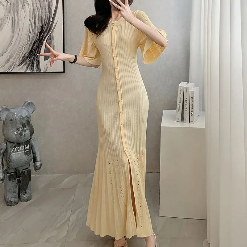 French A-Line Knitted Dress – Stylish Openwork Design for Summer Occasions — close-up