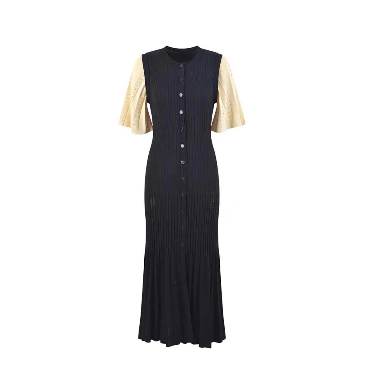 French A-Line Knitted Dress – Stylish Openwork Design for Summer Occasions — model wearing