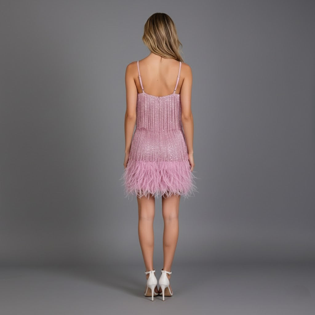 Fringe and Feather Embellished Spaghetti Strap Mini Party Dress — alternative angle