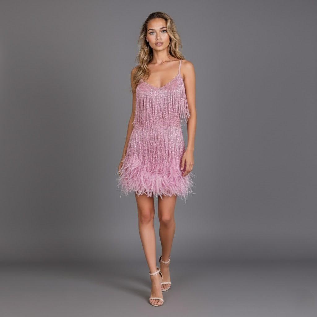 Fringe and Feather Embellished Spaghetti Strap Mini Party Dress — fabric detail