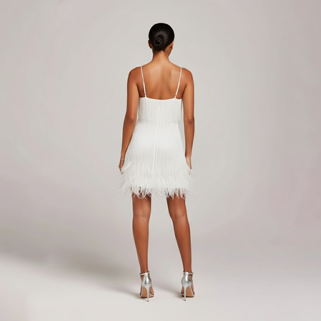 Fringe and Feather Embellished Spaghetti Strap Mini Party Dress — side view