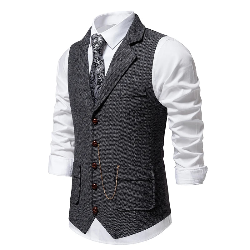 Gentleman's Retro Vest – Stylish Herringbone Design for Casual Events — back view