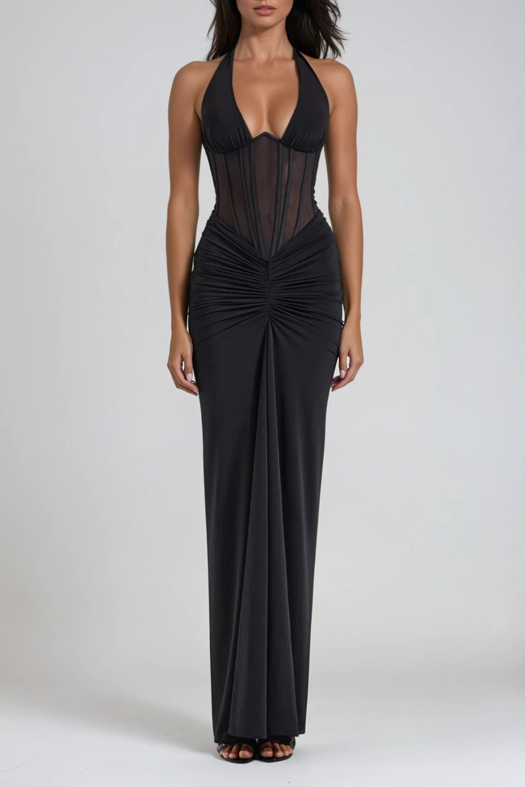 Halter Neck Corset Bodice Sheer Panel Long Evening Dress