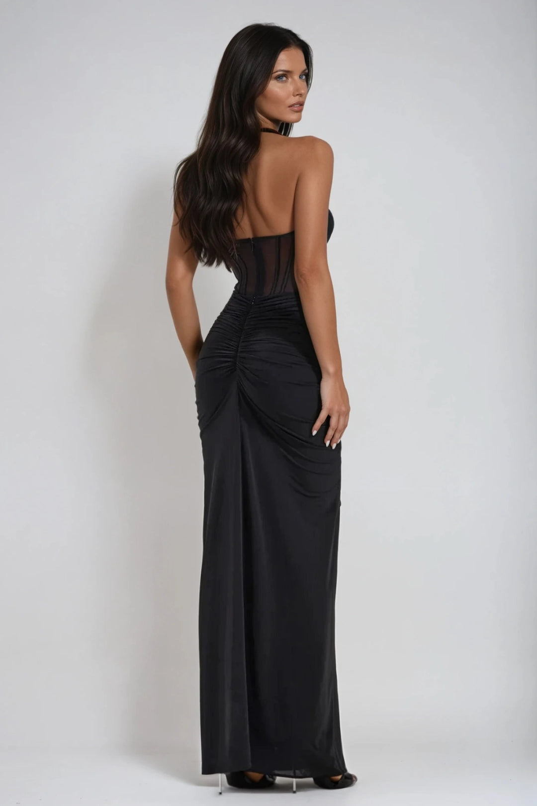 Halter Neck Corset Bodice Sheer Panel Long Evening Dress