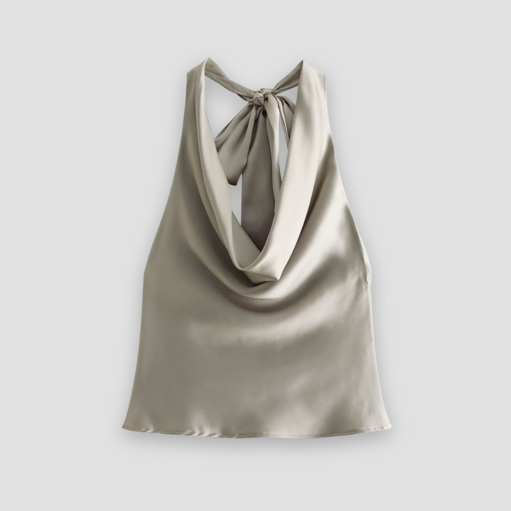 Halter Neck Draped Satin Tank with Tie Detail — alternative angle