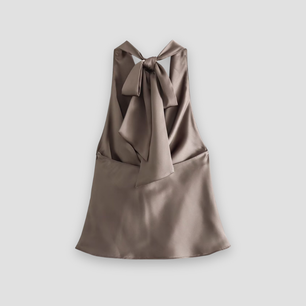 Halter Neck Draped Satin Tank with Tie Detail — detail view
