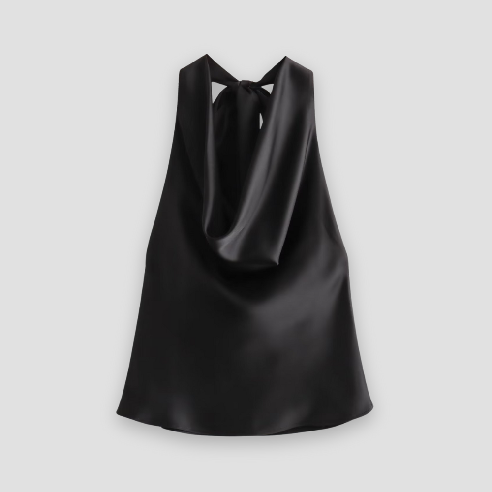 Halter Neck Draped Satin Tank with Tie Detail — fabric detail