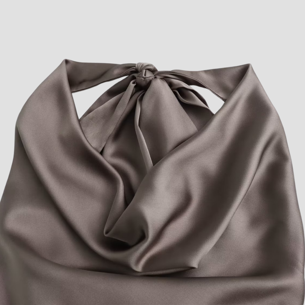 Halter Neck Draped Satin Tank with Tie Detail — model wearing