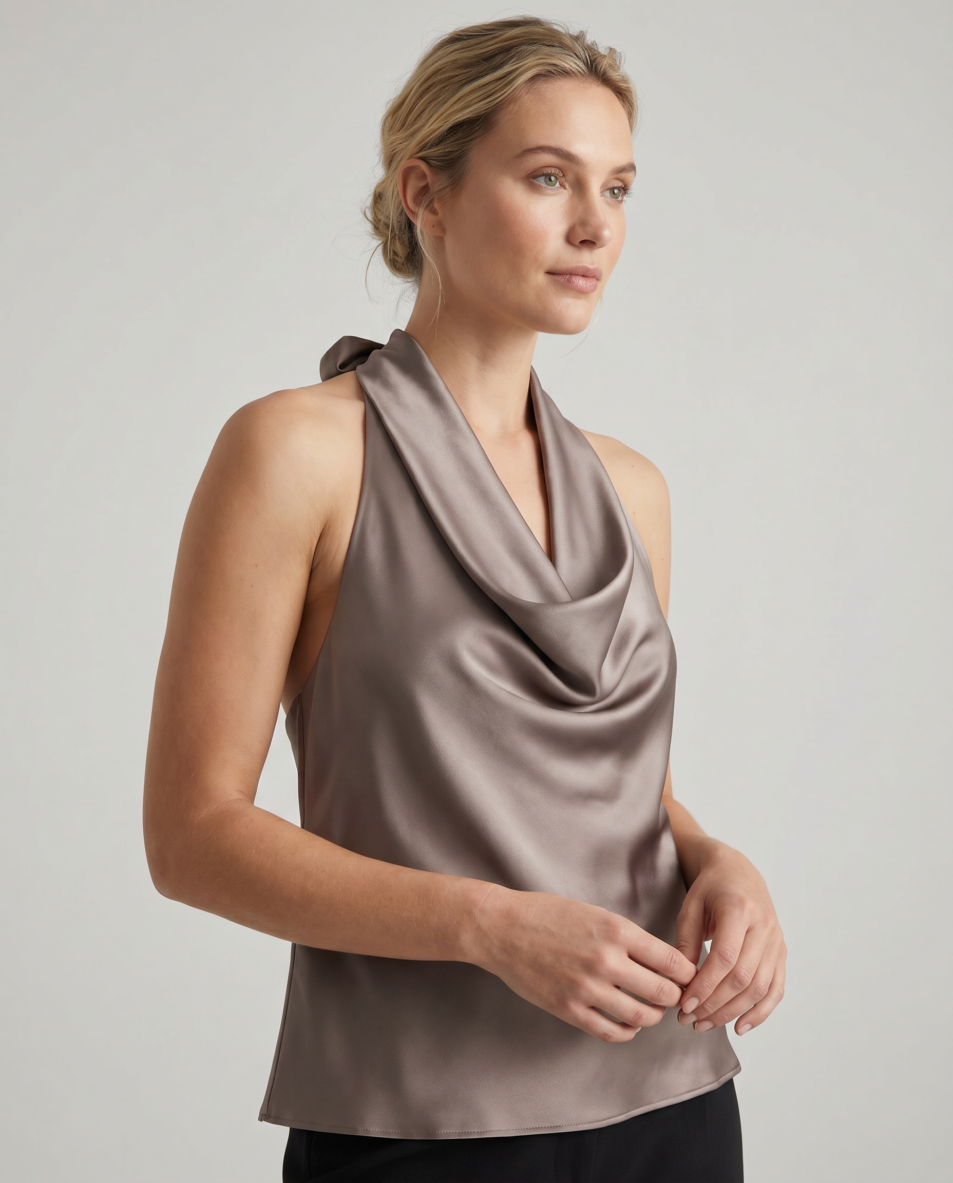 Halter Neck Draped Satin Tank with Tie Detail — side view