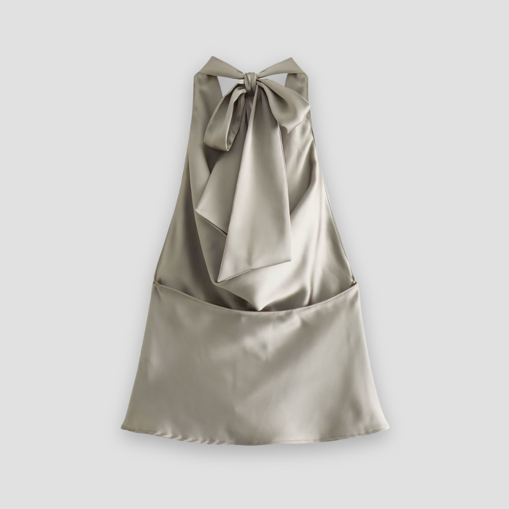 Halter Neck Draped Satin Tank with Tie Detail — styling detail