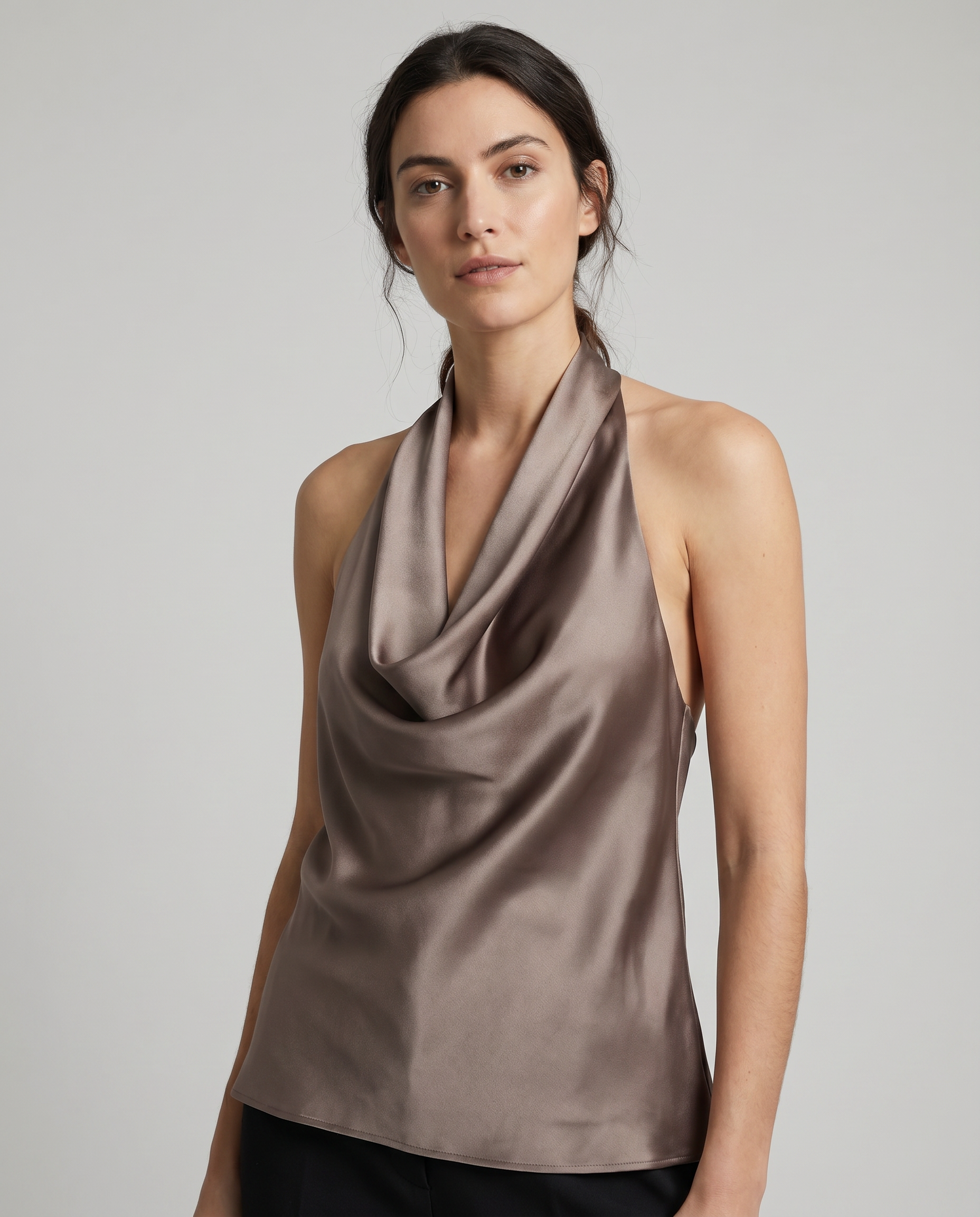 Halter Neck Draped Satin Tank with Tie Detail