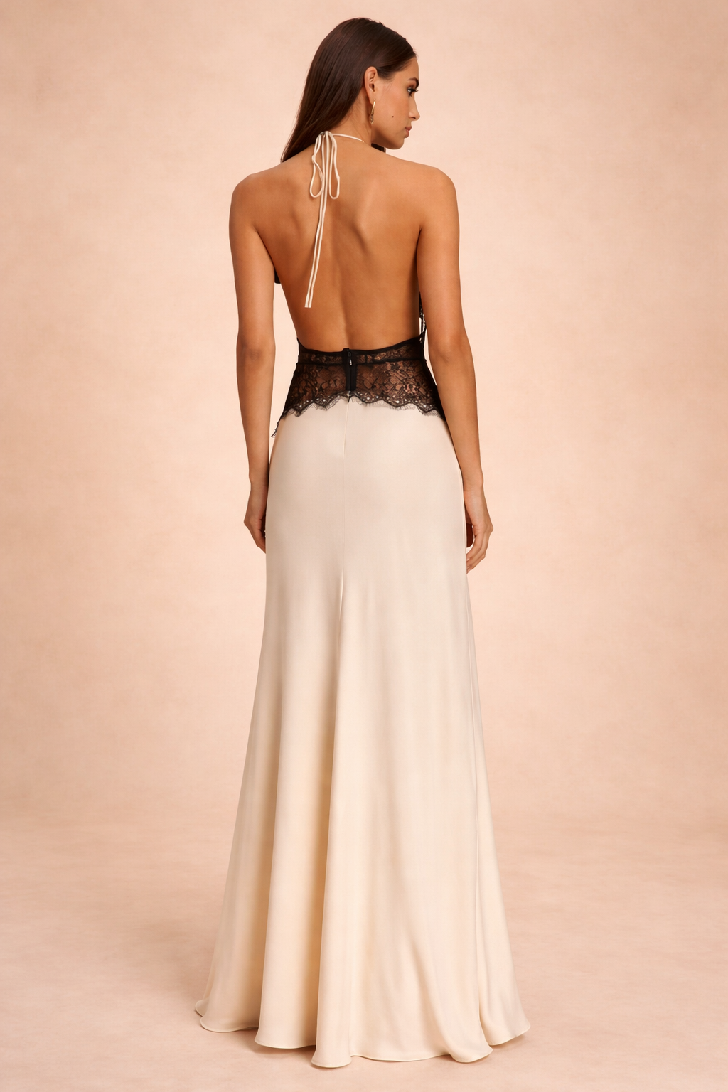 Halter Neck Satin Lace Panel Open Back Long Dress