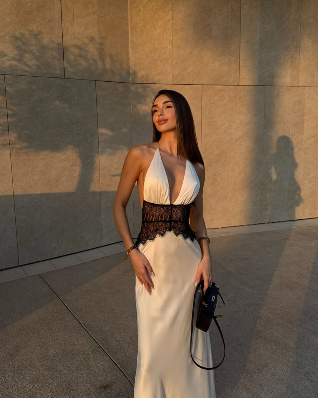 Halter Neck Satin Lace Panel Open Back Long Dress