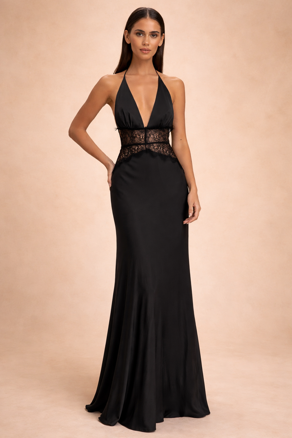 Halter Neck Satin Lace Panel Open Back Long Dress