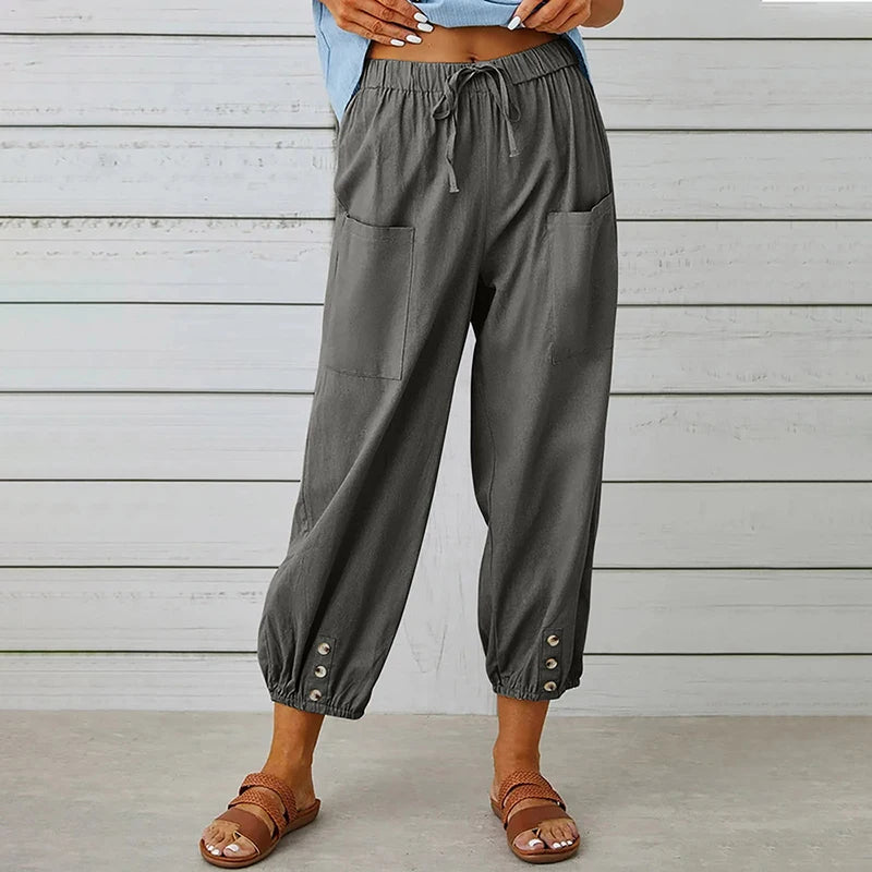 Harajuku Wide Leg Trousers – Comfortable High Waist Cotton-Linen Blend for Stylish Autumn Wear — model wearing