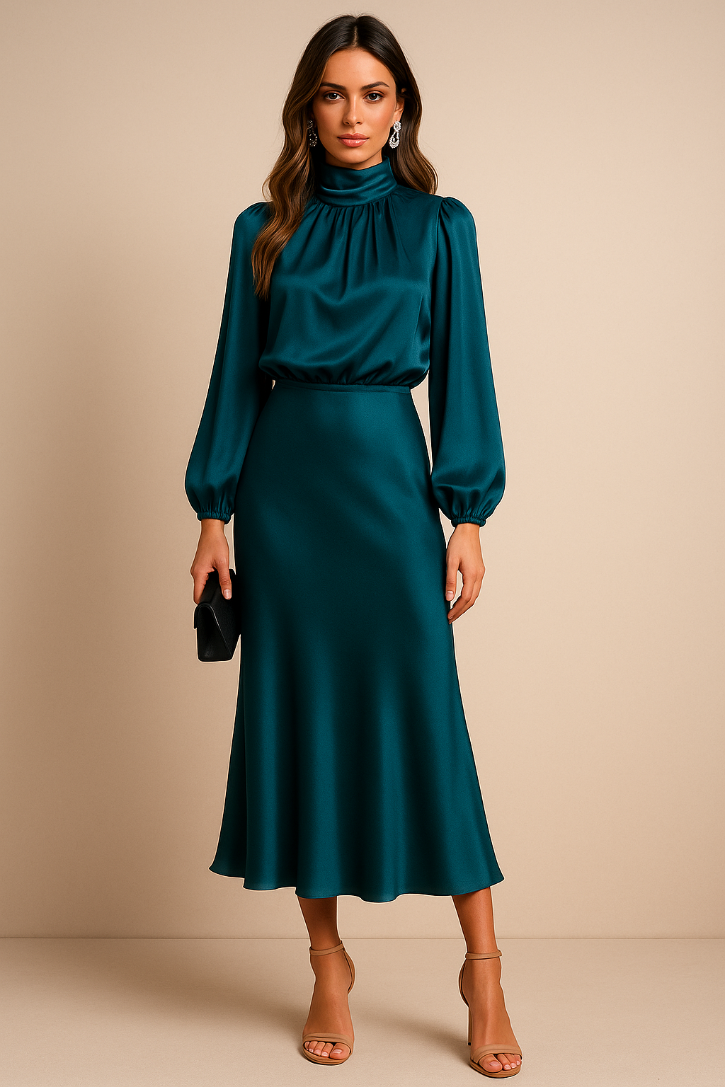 High-Neck Satin Midi Dress with Balloon Sleeves and Bias-Cut Skirt — alternative angle
