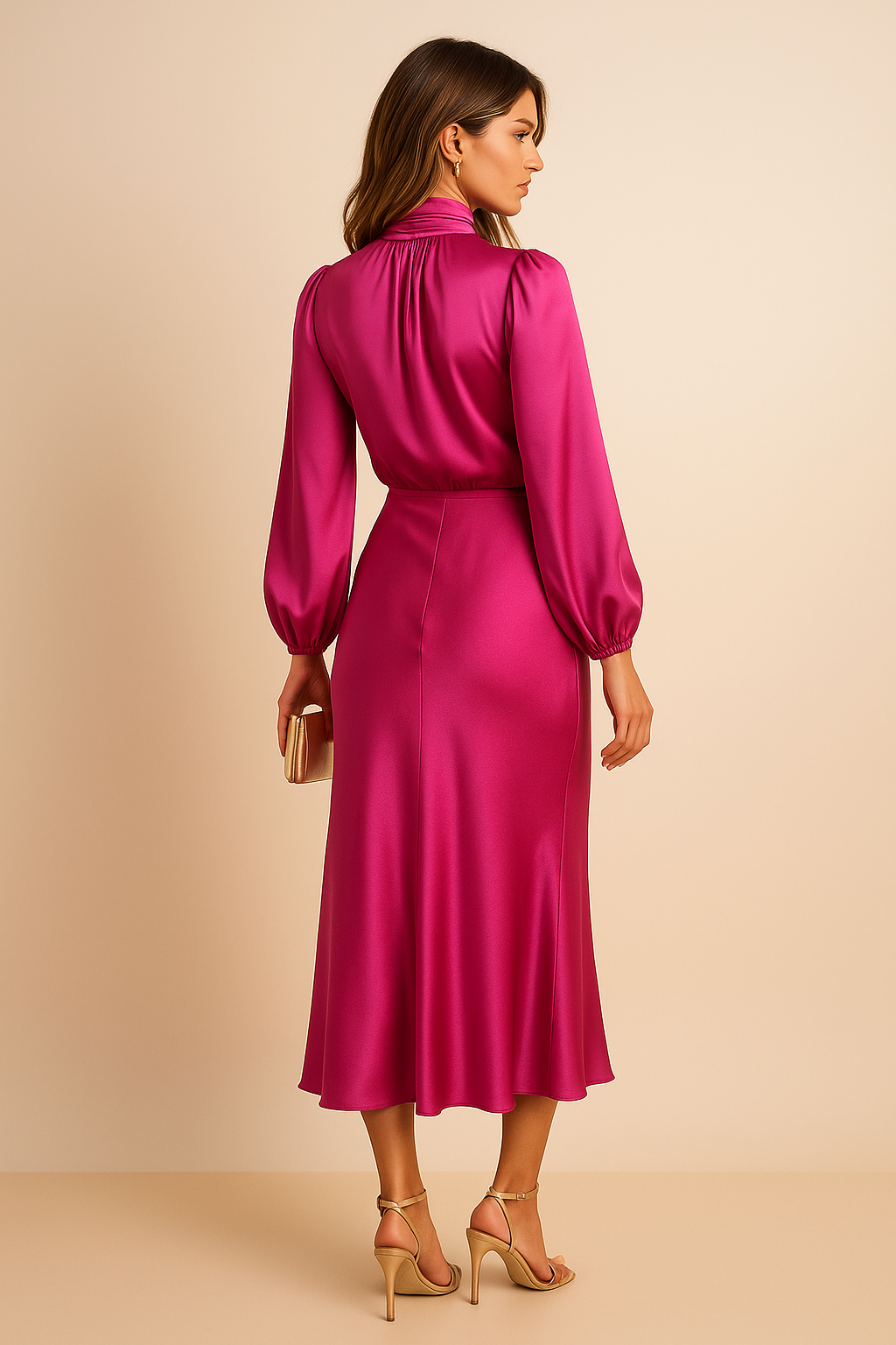 High-Neck Satin Midi Dress with Balloon Sleeves and Bias-Cut Skirt — fabric detail