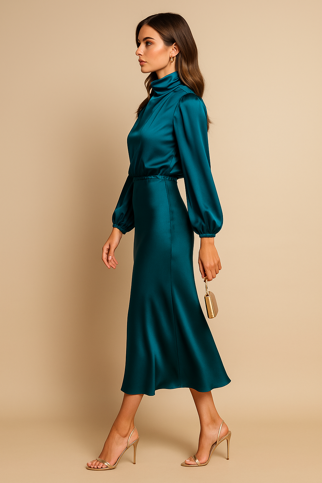 High-Neck Satin Midi Dress with Balloon Sleeves and Bias-Cut Skirt — fit overview