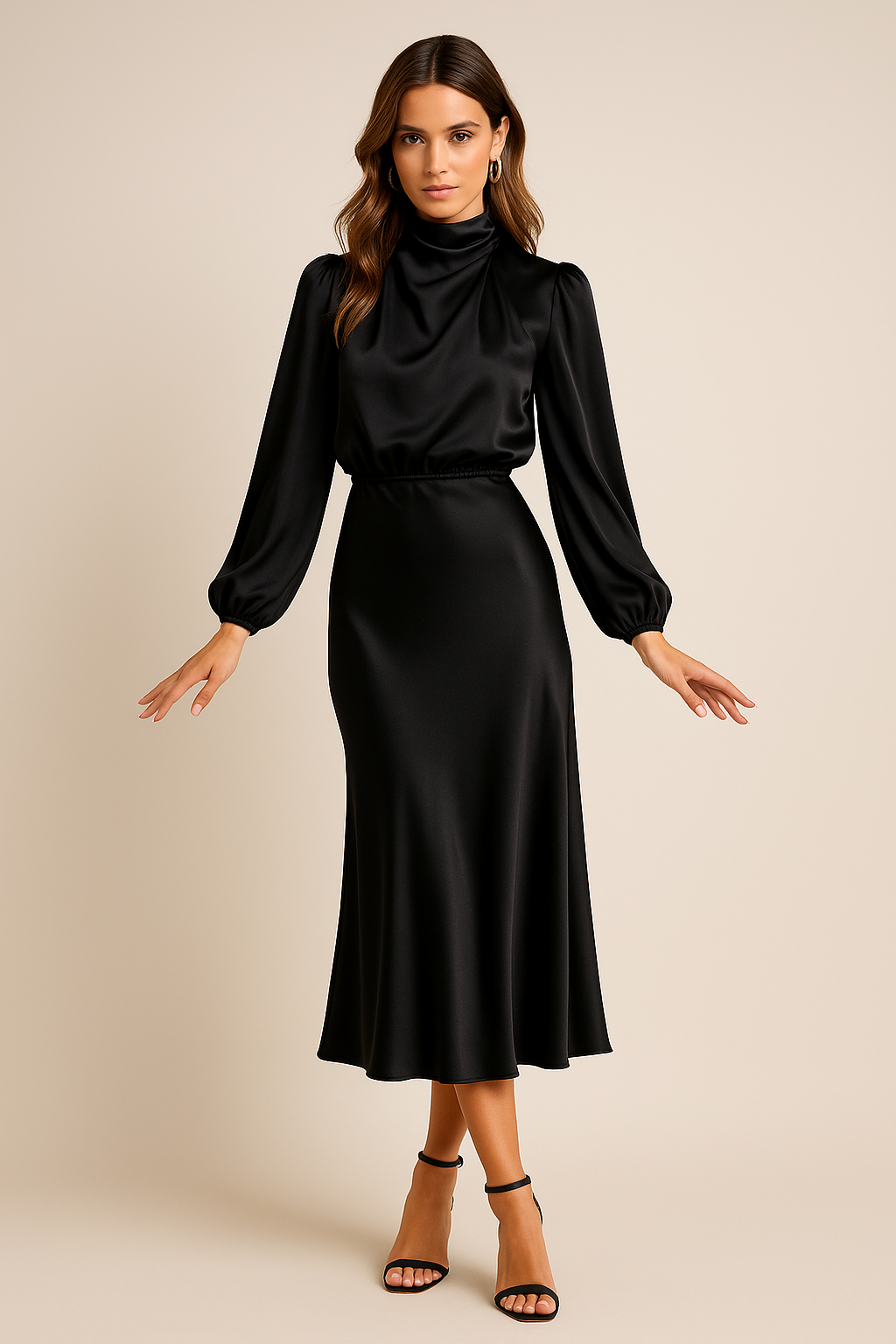 High-Neck Satin Midi Dress with Balloon Sleeves and Bias-Cut Skirt — front close-up