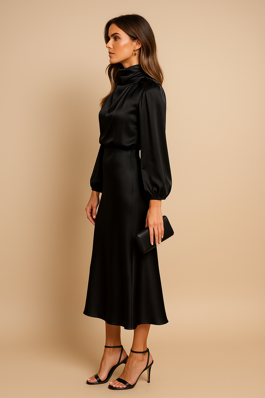 High-Neck Satin Midi Dress with Balloon Sleeves and Bias-Cut Skirt — model wearing