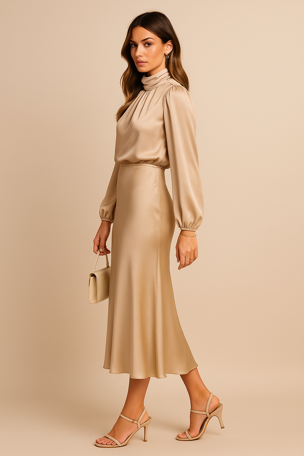 High-Neck Satin Midi Dress with Balloon Sleeves and Bias-Cut Skirt — side view