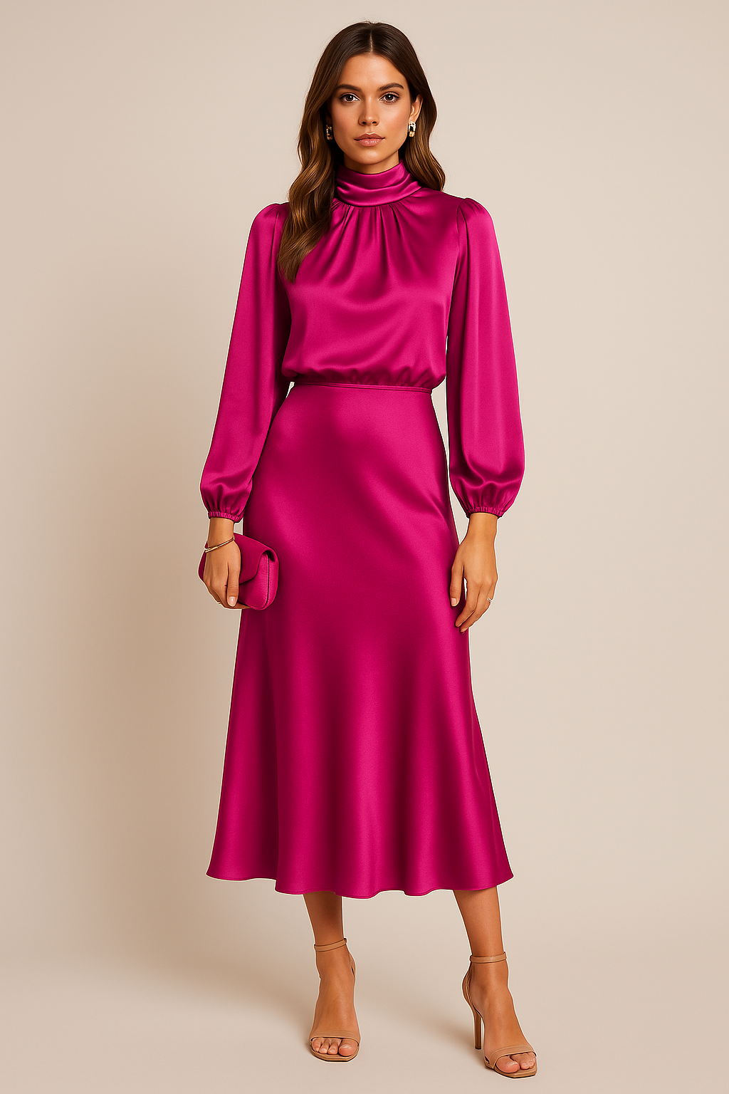 High-Neck Satin Midi Dress with Balloon Sleeves and Bias-Cut Skirt — styling detail