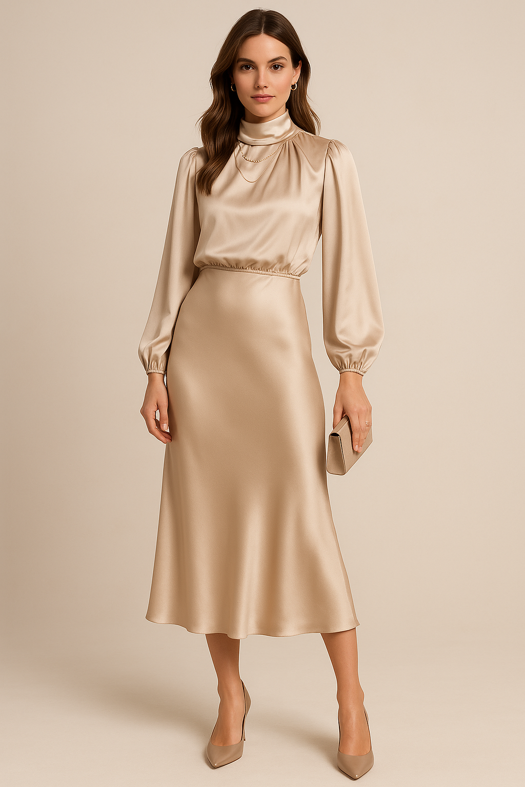 High-Neck Satin Midi Dress with Balloon Sleeves and Bias-Cut Skirt