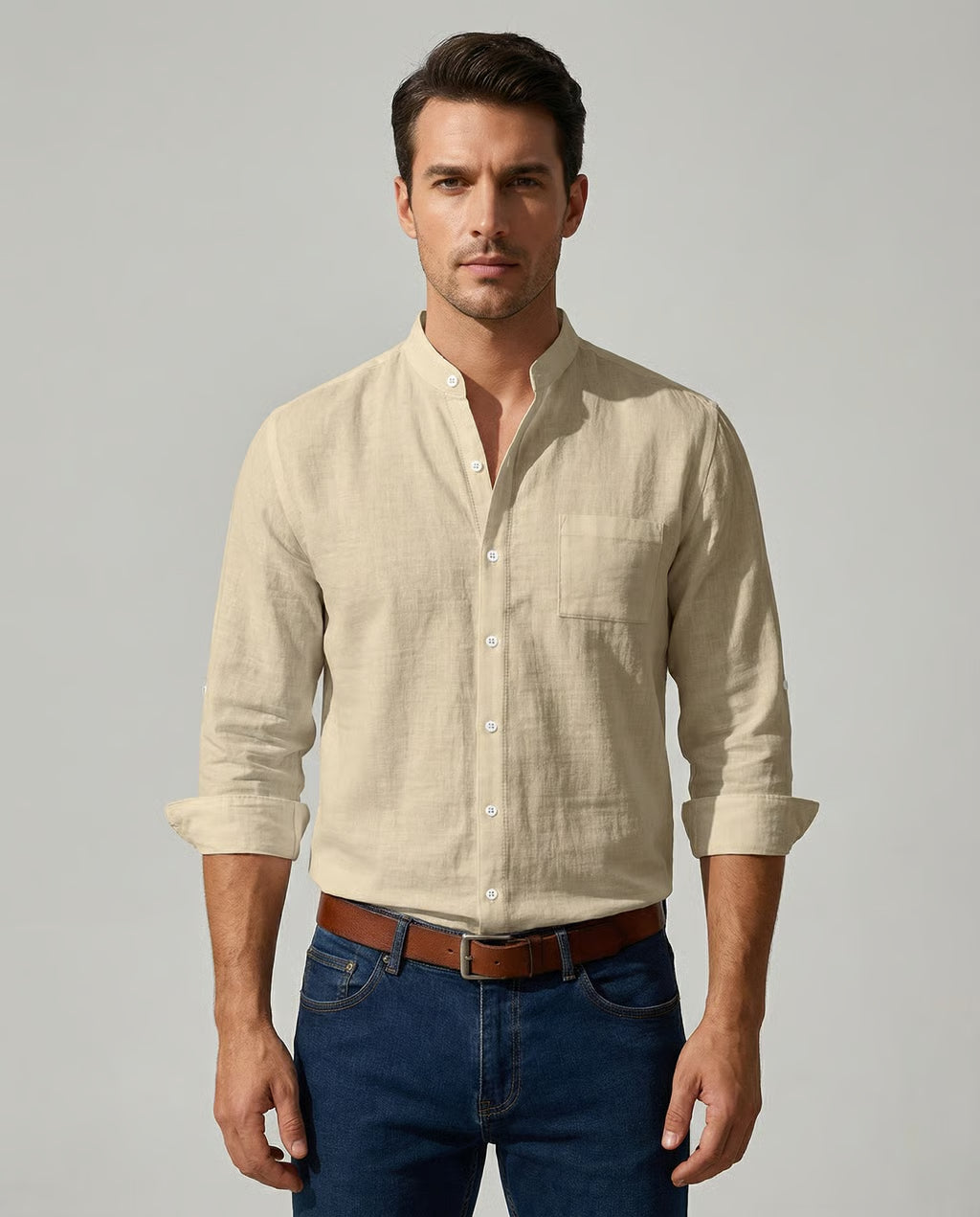 Men's Beige Linen Shirt – Breathable Mandarin Collar for Stylish Casual Wear