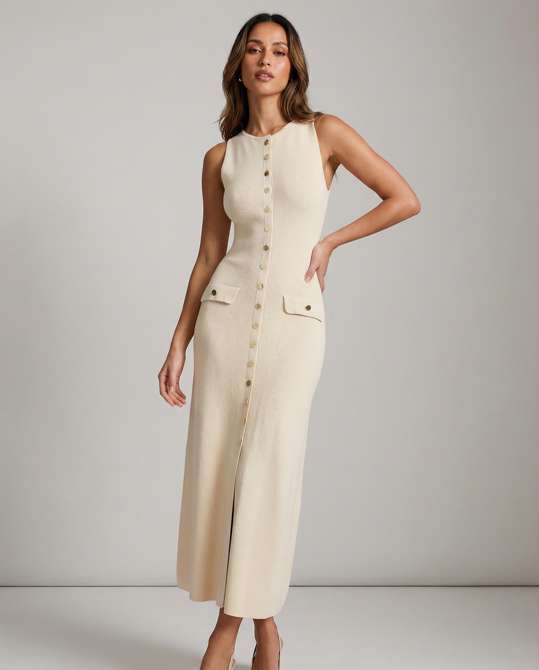 Knitted Maxi Dress – Elegant Sleeveless Bodycon Summer Outfit — detail view