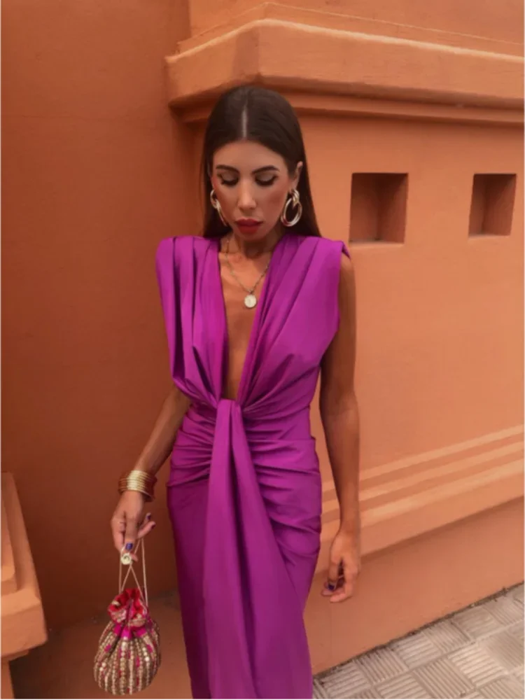 Knot Front Sleeveless Pleated Maxi Dress for Elegant Events — model wearing