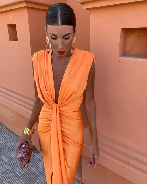 Knot Front Sleeveless Pleated Maxi Dress for Elegant Events — side view