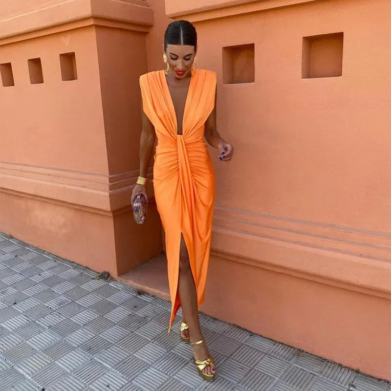 Knot Front Sleeveless Pleated Maxi Dress for Elegant Events