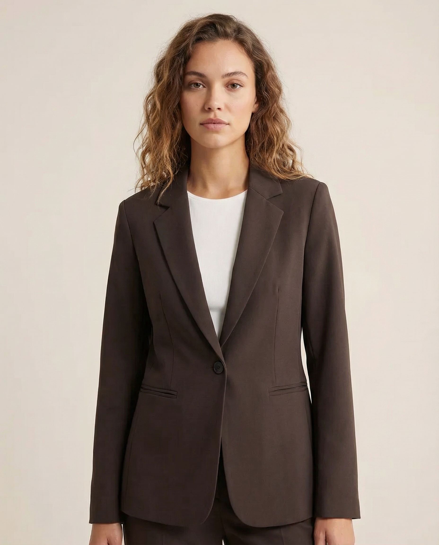Korean Fashion Blazer – Tailored Dark Cocoa Brown Chic Jacket — back view