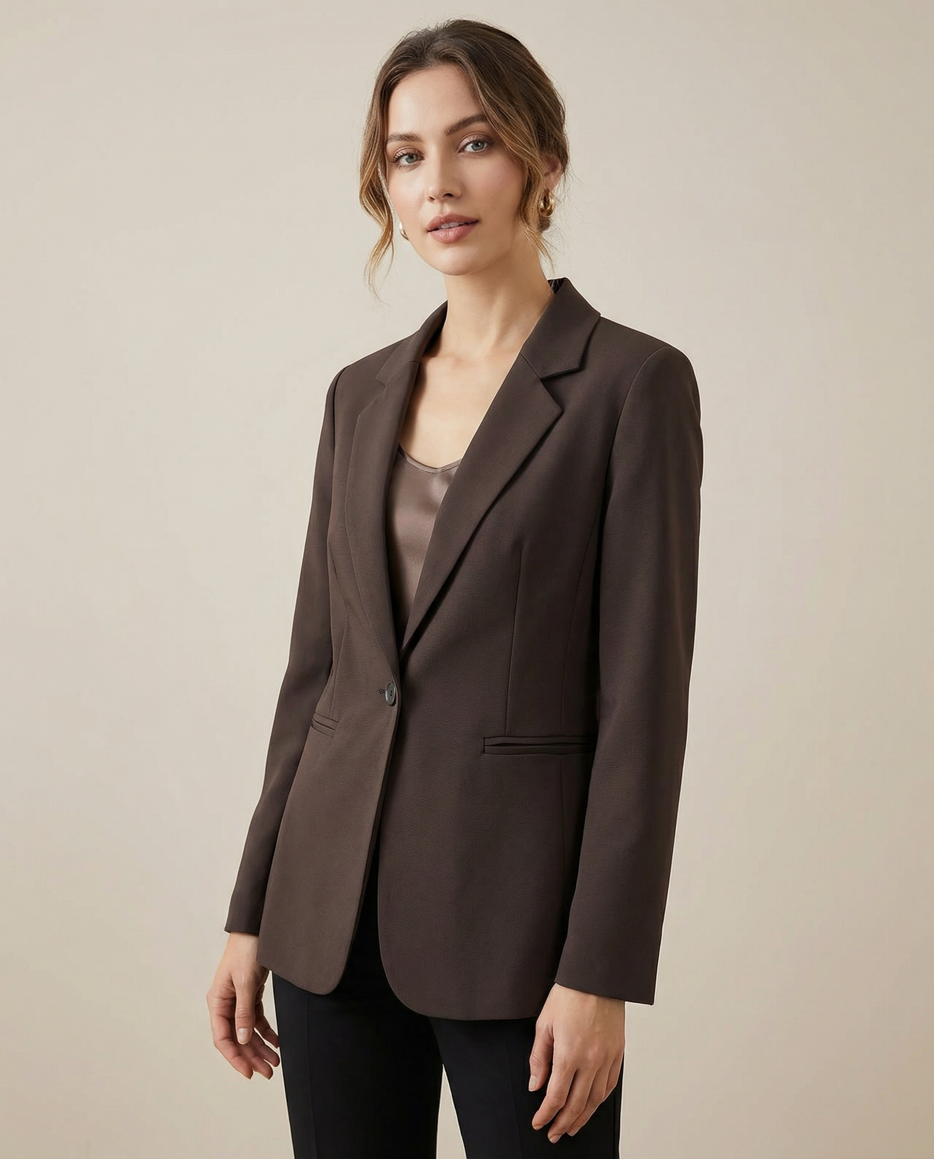 Korean Fashion Blazer – Tailored Dark Cocoa Brown Chic Jacket — detail view