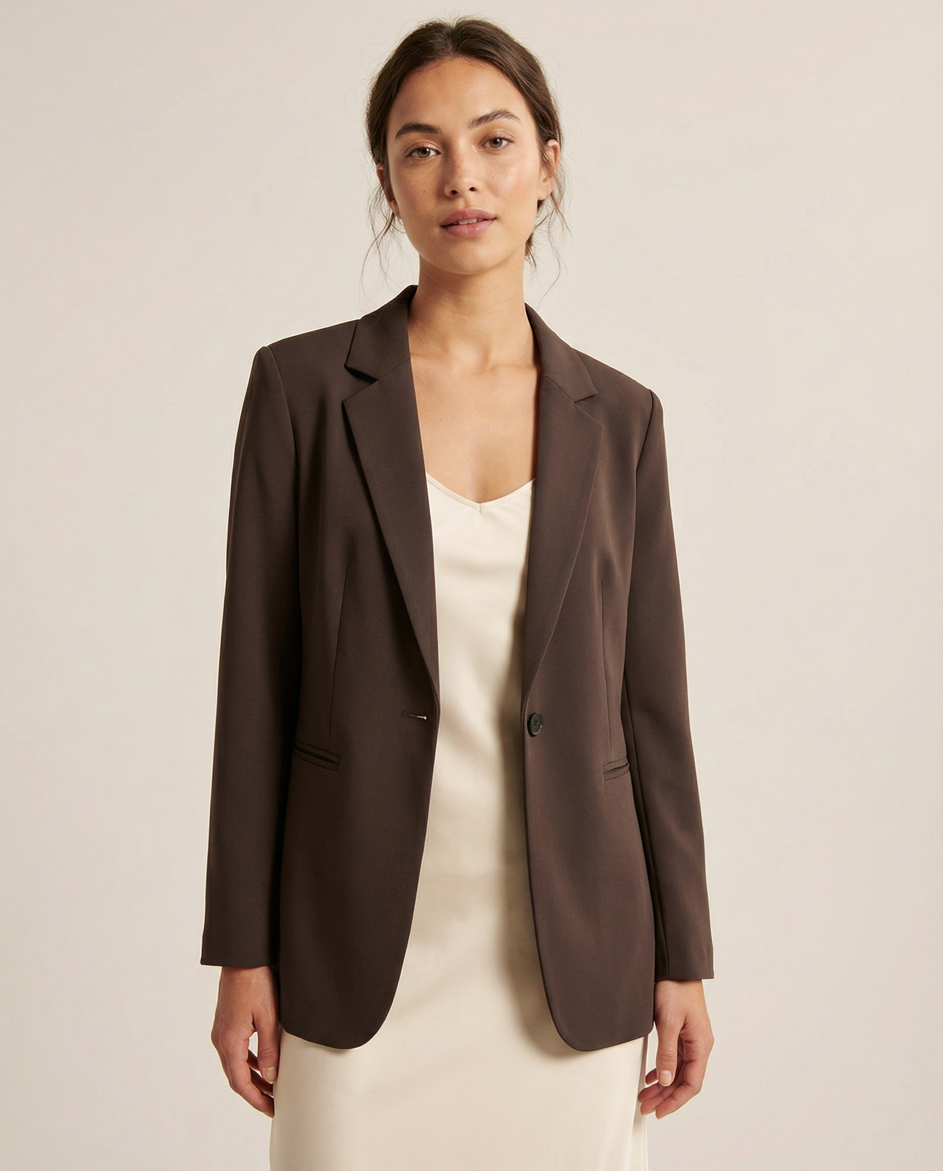Korean Fashion Blazer – Tailored Dark Cocoa Brown Chic Jacket — side view