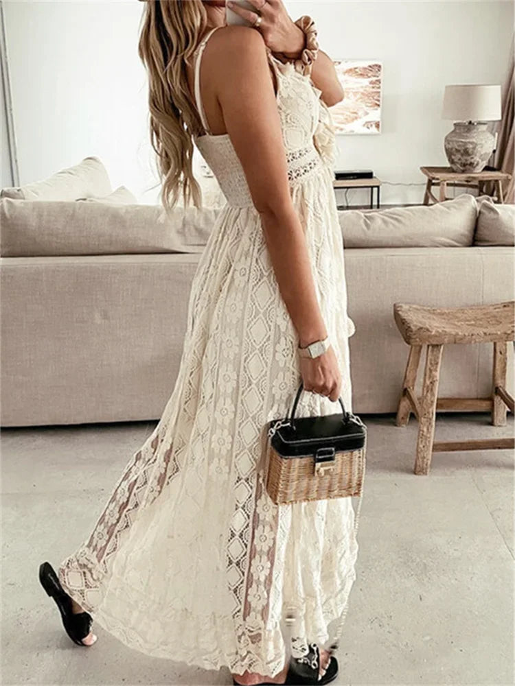 Lace Long Dress – Elegant Sleeveless V-Neck Summer Outfit — detail view